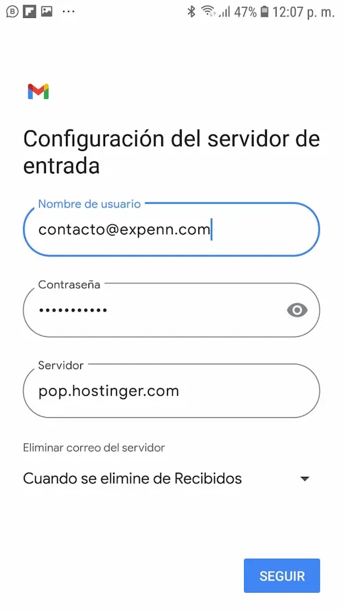 Configurar correo corporativo de hostinger en android